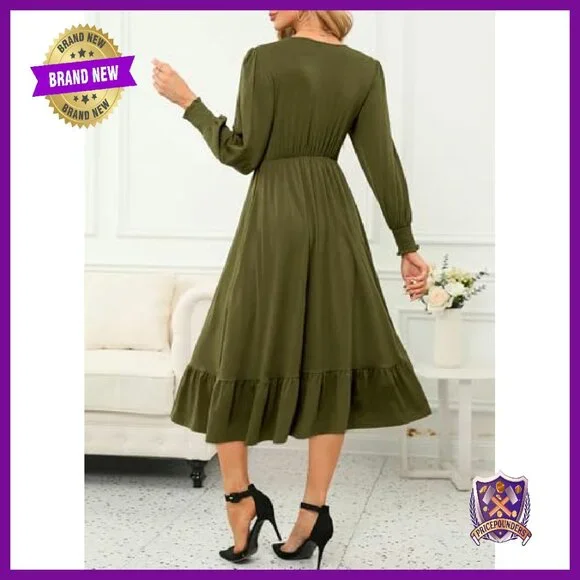 Wrap V-Neck Long Sleeve Empire Waist Midi Dress with Pockets - Picture 3 of 8